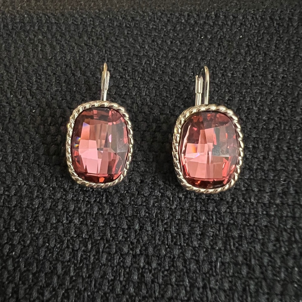 Pink Crystal Silver Tone Rope Leverback Earrings 1" Drop